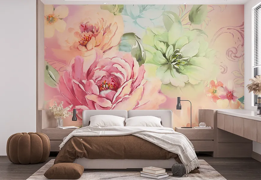 کاغذ دیواری سه بعدی اتاق خواب عروس و داماد طرح گل رز